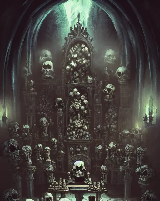 Image similar to full color, low ultrawide interior shot of sedlec ossuary, bones, smooth concept art in anime style mixed with fujifilm, dark, foggy, atmospheric, artstation, cgsociety, rendered, denoise, cinematic masterpiece