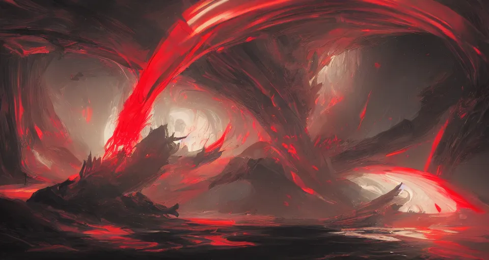 Image similar to a warping black and red checkerboard patterned vortex by peter mohrbacher, vivid colors, matte painting, 8K, concept art, mystical color scheme, trending on artstation