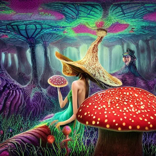 Image similar to dark fantasy, 4 k, textured 3 d, intense detail, psychedelic, alice in wonderland, smoking caterpillar sitting on large mushroom, amazing background, alex grey style