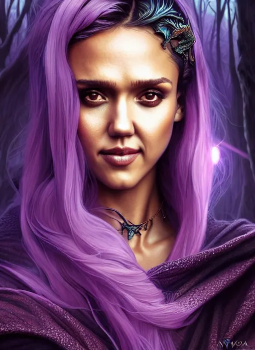 Image similar to portrait jessica alba, adventurer outfit large cloak, fantasy forest landscape, dragon scales, fantasy magic, undercut hairstyle, short purple black fade hair, dark light night, intricate, elegant, sharp focus, illustration, highly detailed, digital painting, concept art, matte, art by wlop and artgerm and greg rutkowski and alphonse mucha, masterpiece