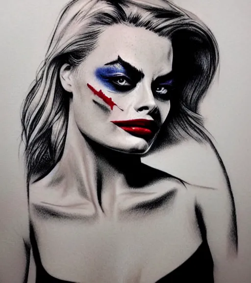 Prompt: tattoo design sketch of beautiful margot robbie portrait with joker makeup, in the style of den yakovlev, realistic face, black and white, faded outline, realism tattoo, hyper realistic, highly detailed