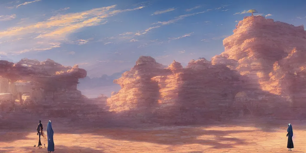 Image similar to a stunning desert landscape with an arabian palace on the horizon by makoto shinkai