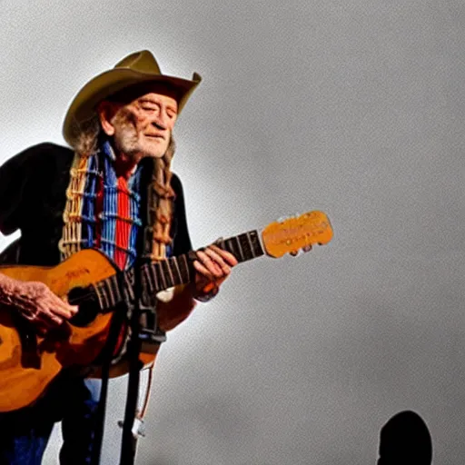 Image similar to willie nelson on stage, detailed, guitar. god rays through fog.