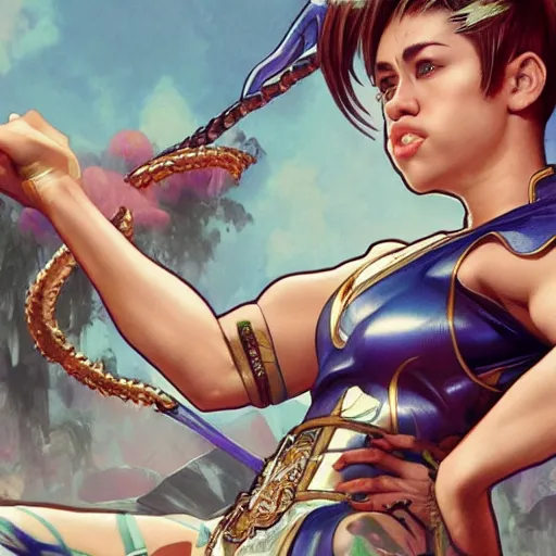 Prompt: miley cyrus as chun li from street fighter, kicking, 4 k, ultra realistic, detailed focused art by artgerm and greg rutkowski and alphonse mucha