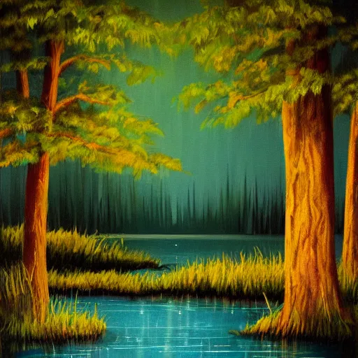 Image similar to lake, trees, night, fireflies glowing above water, painting, concept art,