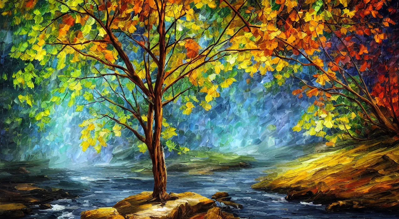 Image similar to A beautiful, highly detailed, very realistic oil painting of a single tree with rainbow leaves, next to a small river, glowing bright blue in the middle of a huge, very dark cave, with lots of dark grey rocks, oil painting by Afremov and Greg Rutkowski.