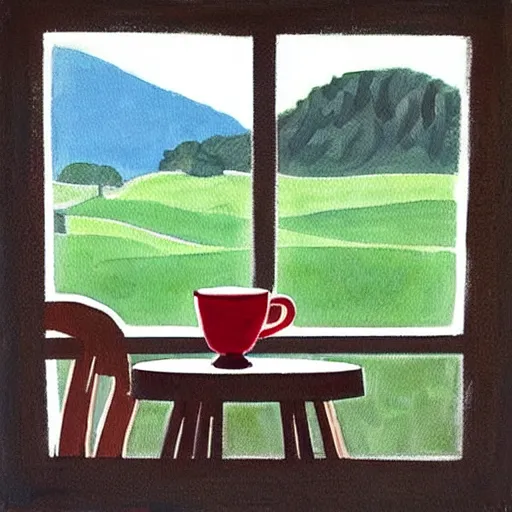 Prompt: “ nostalgic painting of a breakfast table with a steaming cup of coffee and a newspaper. the window behind it shows a green idyllic hill with a road on it, and families walking to school ”