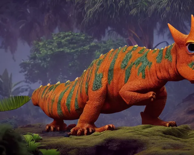 Prompt: cute orange carnotaurus in a prehistoric jungle, pixar, 8 k, octane render, cinematic