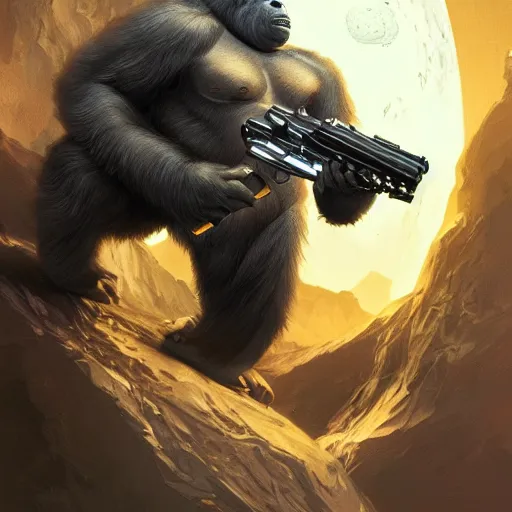 Image similar to detailed science - fiction character portrait of a silverback gorilla shooting a alien gun in space, intricate, wild, highly detailed, digital painting, artstation, concept art, smooth, sharp focus, illustration, art by artgerm and greg rutkowski and alphonse mucha