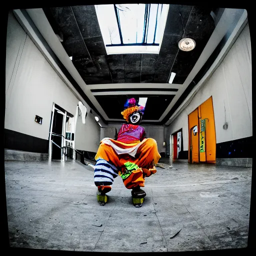 Image similar to “ a highly detailed photo of a clown skateboarding in an abandoned mall, fisheye lens, sharp focus, award winning, 8 k ”