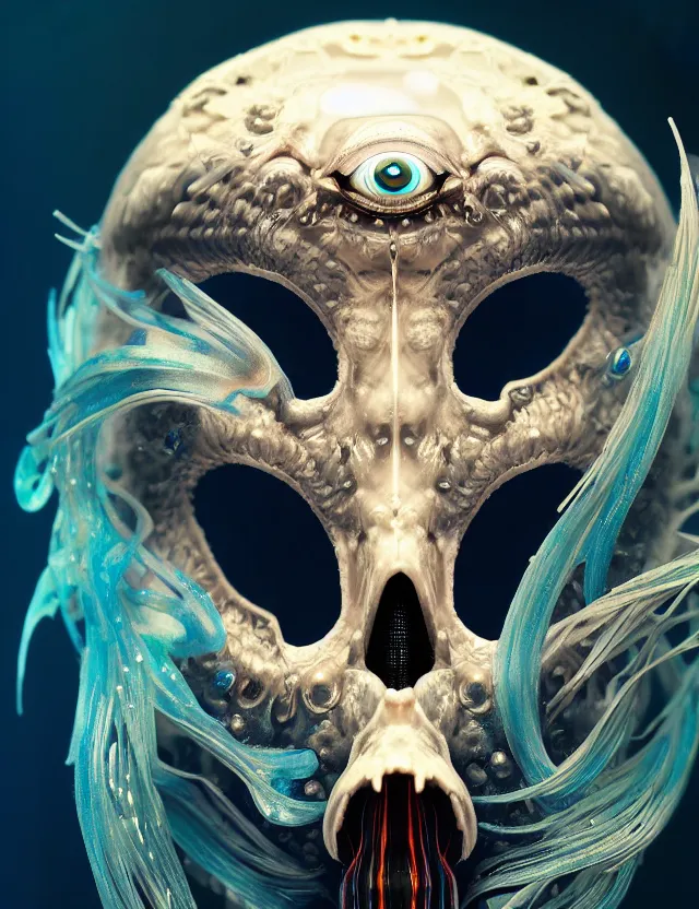 Image similar to eye of god macro close - up portrait with mask made of ram skull. betta fish, jellyfish phoenix, plasma, water, wind, creature, super intricate ornaments artwork by tooth wu and wlop and beeple and greg rutkowski