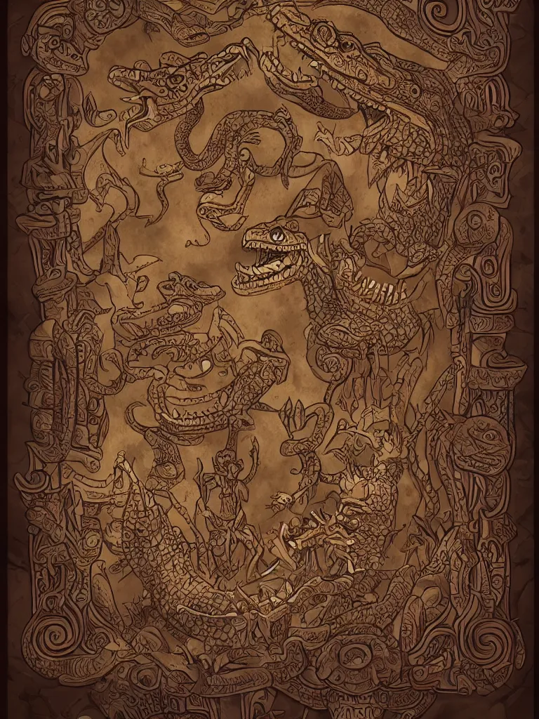 Image similar to pre - columbian mesoamerican book decorative border frame, crocodile illuminations, d & d, fantasy, intricate, elegant, highly detailed, digital painting, artstation, illustration, hearthstone