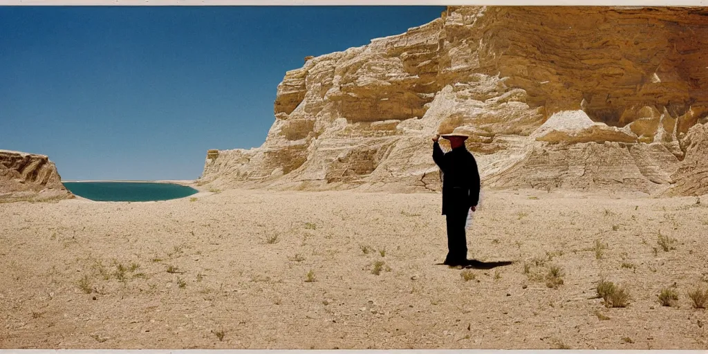 Image similar to photo of green river, wyoming cliffs. an old man in a trench coat and a cane stands still very far away in the distance, facing at the camera. midday sun. hot and dry conditions. kodak ektachrome.