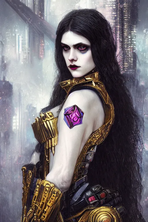 Image similar to portrait of beautiful gothic Alexandra Daddario, cyberpunk, Warhammer, highly detailed, artstation, illustration, art by Gustav Klimt