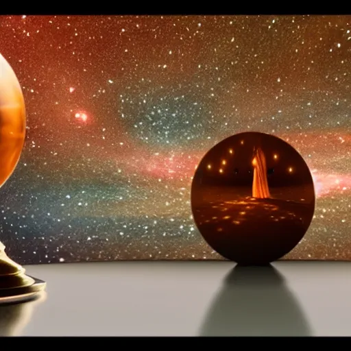 Image similar to a whole galaxy inside a crystal ball standing on a mahogany stand on a table in a tent with a beautiful fortune teller woman. Highly detailed, cinematic quality, 8k