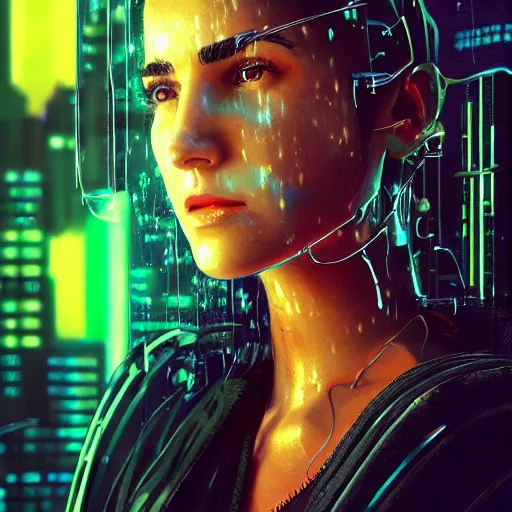 Image similar to young cyberpunk jennifer connelly, cartoon portrait made out of rain, realistic, highly detailed, neon, rendered in octane, unreal engine, rain, beautiful, trending on artstation, emotional