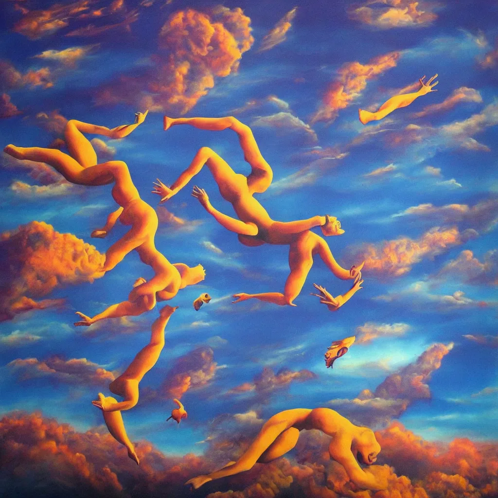 Prompt: artwork about freefalling. surrealism, metaphysical, metaphorical, ephemeral, atmospheric, symbolic art.