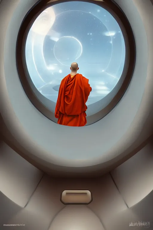 Image similar to portrait of a monk in a spaceship, looking out of a round window at nebula, orange robe, dramatic lighting, artstation, matte painting, ralph mcquarrie