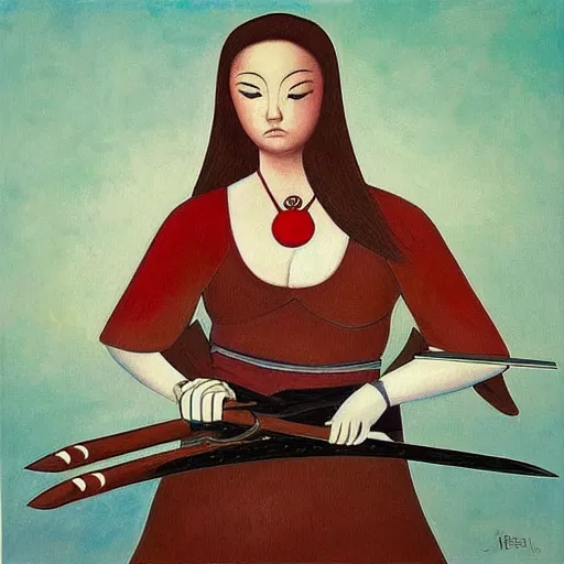 Image similar to “ she warrior with brunette long hair with a katana sword wearing red long boots painting with the style of botero ”