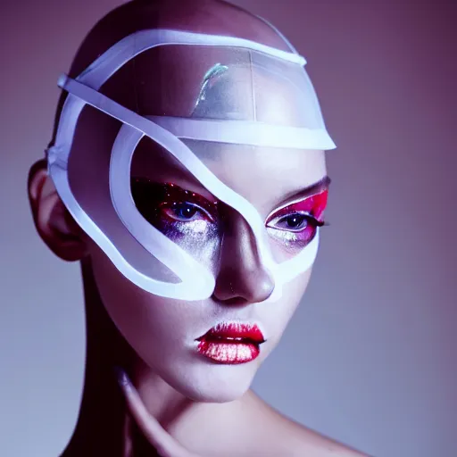 Image similar to high fashion photography of a model in neo futurism white sci - fi makup, transparent cloth, beautifully lit