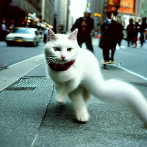 Image similar to leica s photograph, kodachrome film, subject is a white furry cat skateboarding down broadway in nyc