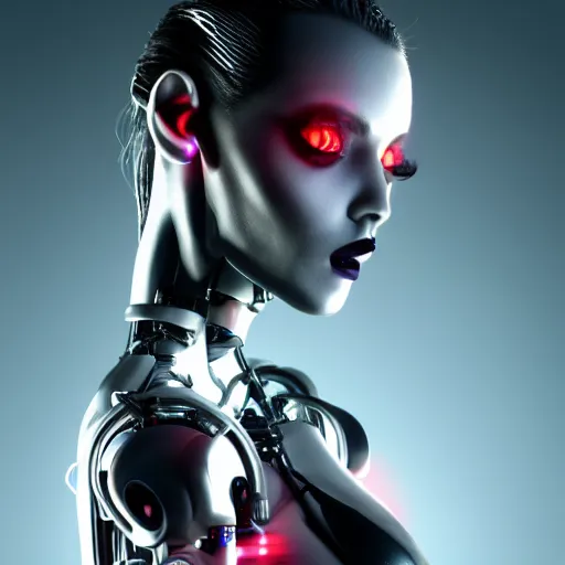 Prompt: an immaculate octane redshift high key lighting headshot rendering of an attractive curvy cybernetic goth woman with embedded LEDs, a cybernetic eye, and an exoskeleton.