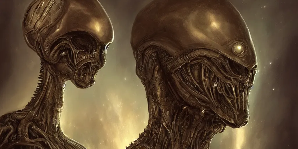 Image similar to portrait of advanced alien, his last moment, mystical, technology meets fantasy, concept art, art station, style of giger