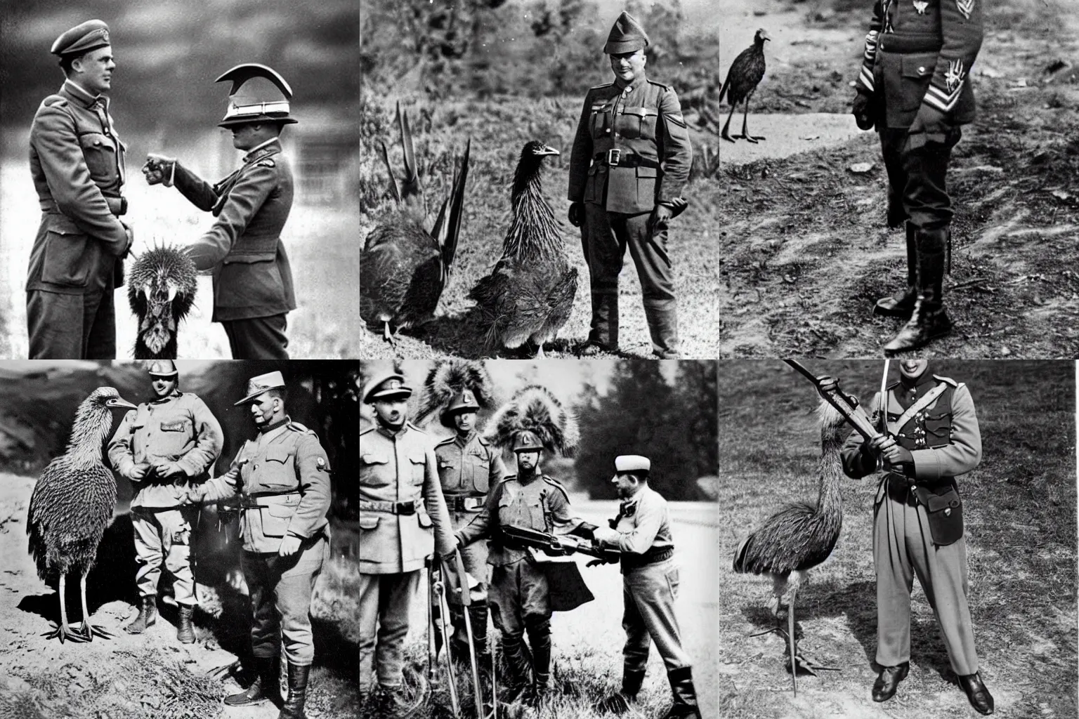 Prompt: Touched-up historical photo of Commander Squawks of the Emu Batallion. Photo taken during the great emu war (1932)