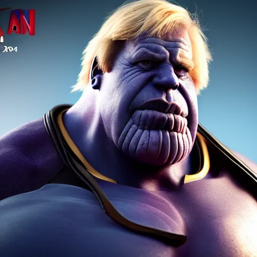 Prompt: a full character portrait of boris johnson as thanos, the pixar adaptation, with same hairstyle, hyper detailed, digital art, trending in artstation, cinematic lighting, studio quality, smooth render, unreal engine 5 rendered, octane rendered