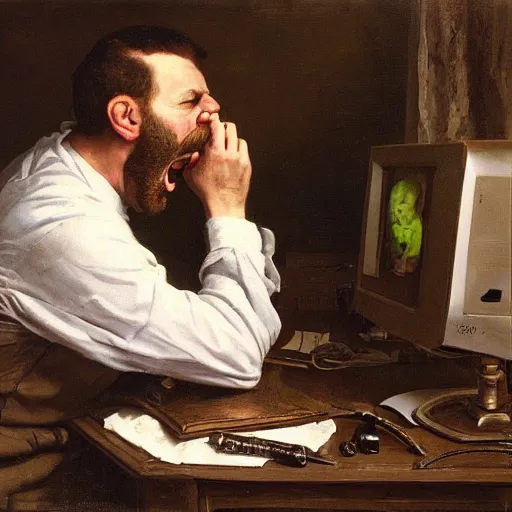 Image similar to an angry man yells at his computer monitor, oil on canvas, 1 8 8 3, highly detailed