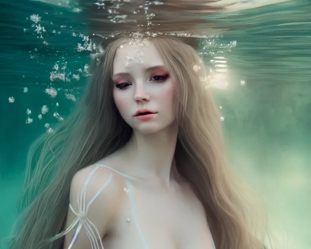 Prompt: beautiful hyperrealistic female portrait, porcelain skin, in long flowy dress, very detailed, underwater, cinematic volumetric lighting, soft bokeh, glow, 8 k, by lexi laine, by wlop, by marvel, by mucha