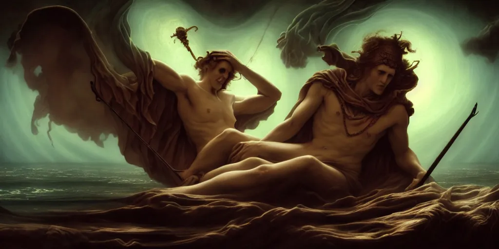 Image similar to Charon the ferryman of Hades, by Rolf Armstrong and Evelyn De Morgan and Bastien Lecouffe-Deharme, dramatic lighting, high contrast colors, baroque, empyrean, panoramic view, as trending on Artstation, highly detailed, doom engine,