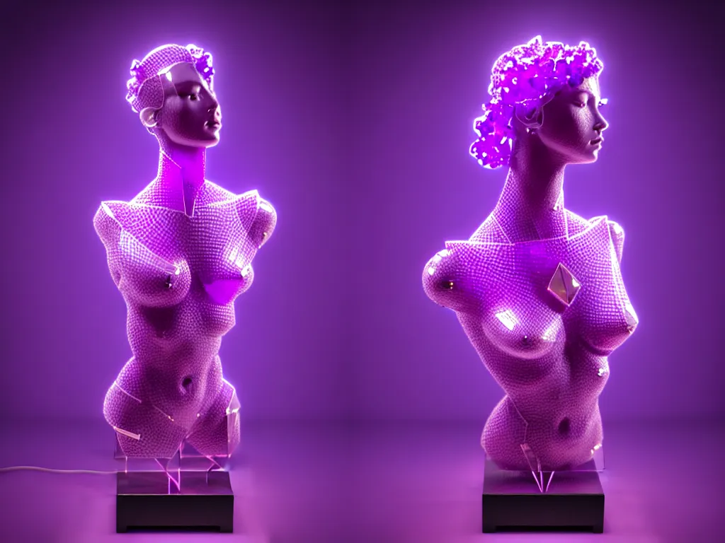 Image similar to beautiful mannequin sculpted out of amethyst by billelis + lit with purple 3 d geometric neon + chrome geometric cubed bonsai plants!!!!, doorway opening with neon pink geometric light, clean linework, dramatic, finely detailed, rule of thirds, moody, confident, award winning, 4 k, trending on artstation, photorealistic, volumetric lighting, octane render