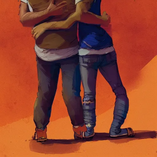 Image similar to man in orange t - shirt hugging girl, vivid colors, character sheet, fine details, concept design, contrast, kim jung gi, greg rutkowski, trending on artstation, 8 k, full body, turnaround, front view, back view, ultra wide angle