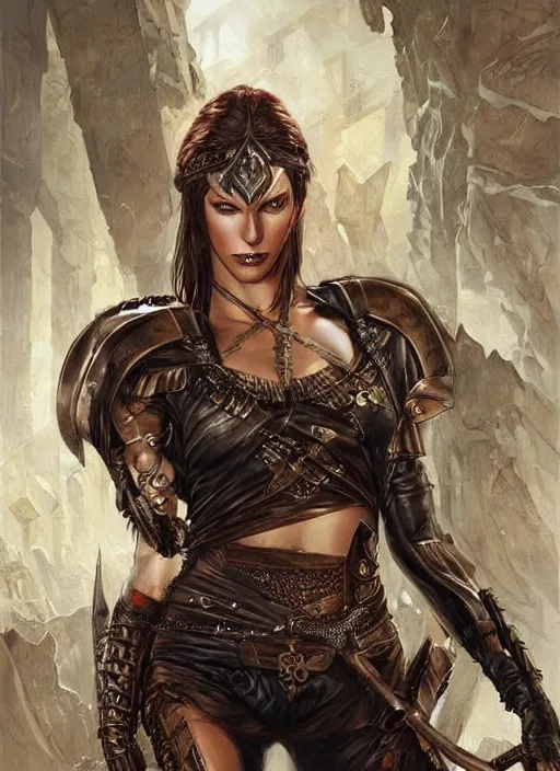 Prompt: a concept art painting of an female thief assassin wearing medieval brown leather armor with piercing beautiful eyes art by karol bak and mark brooks and argerm, centered