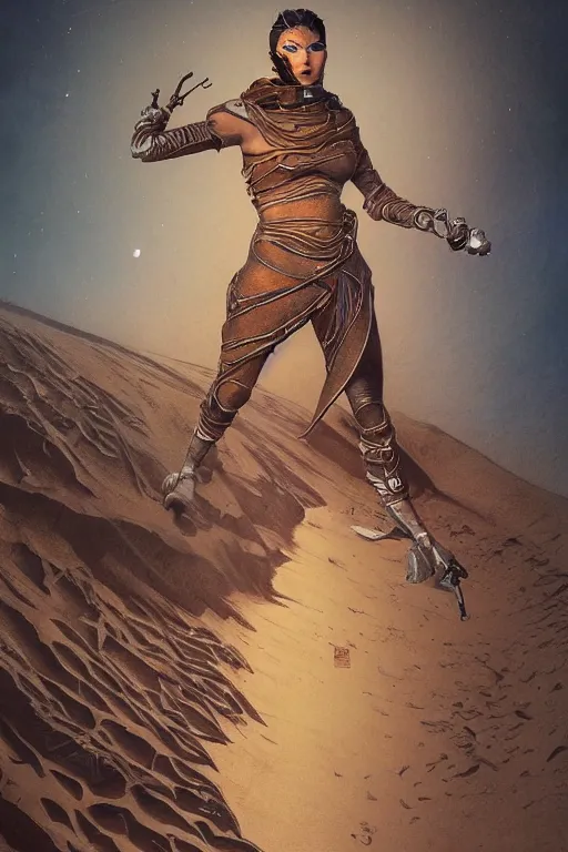 Prompt: dune themed epic bloodbound fremen warrior, desert breathing armor, graffiti, street art sketch by sachin teng, moebius, artgerm, michael cheval, esao andrews, francois boucher, masterpiece, intricate organic painting, matte painting, hard edges, highly detailed, cinematic lighting character art movie poster by drew struzan