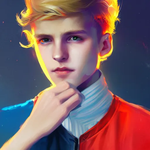 Image similar to colorful and festive captivating young boy with wavy blonde hair, navy blue jacket and blue shorts. rich vivid colors, ambient lighting, dynamic lighting, 4 k, atmospheric lighting, painted, intricate, highly detailed by charlie bowater