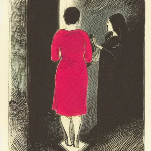 Image similar to A man stands in a black room with one source of light from a lantern it is pink, a woman stands in the dark in a red dress with a slit on her leg, Francis style