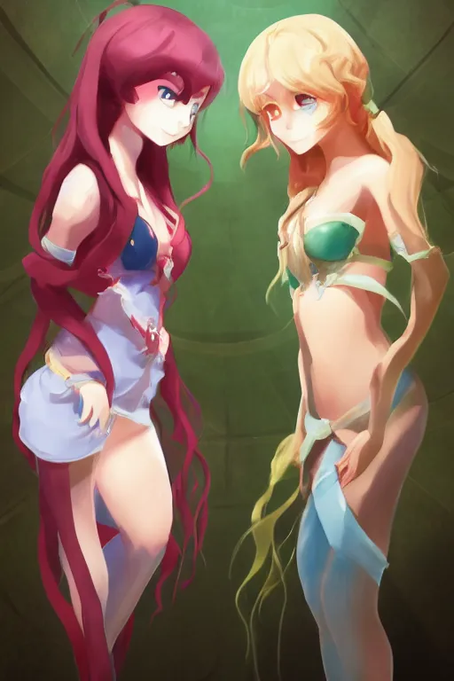 Image similar to two beautiful idols standing face to face, trending artstation, pixiv, detailed digital art