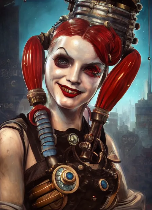 Image similar to bioshock steampunk portrait of harley quinn, au naturel, hyper detailed, digital art, trending in artstation, cinematic lighting, studio quality, smooth render, unreal engine 5 rendered, octane rendered, art style by klimt and nixeu and ian sprigger and wlop and krenz cushart