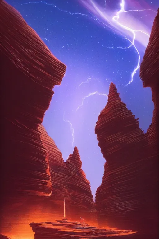 Prompt: futuristic temple of light in red canyon, star trails above, dramatic lighting, artstation, matte painting, ralph mcquarrie, raphael lacoste