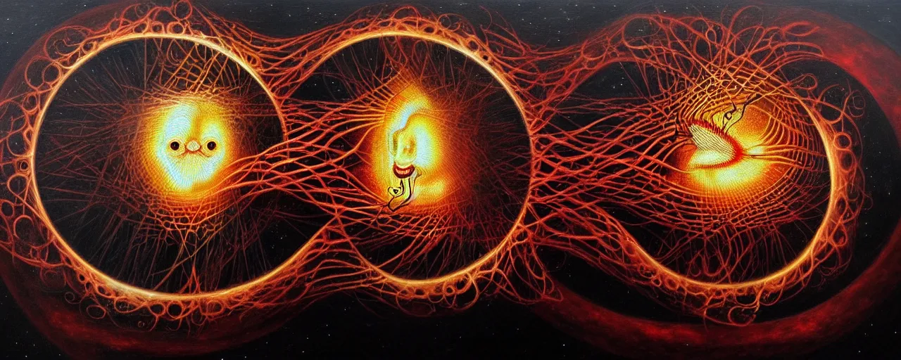 Image similar to a strange fire creature with endearing eyes radiates a unique canto'as above so below'while being ignited by the spirit of haeckel and robert fludd, breakthrough is iminent, glory be to the magic within, in honor of saturn, dark detailed oil painting by ronny khalil