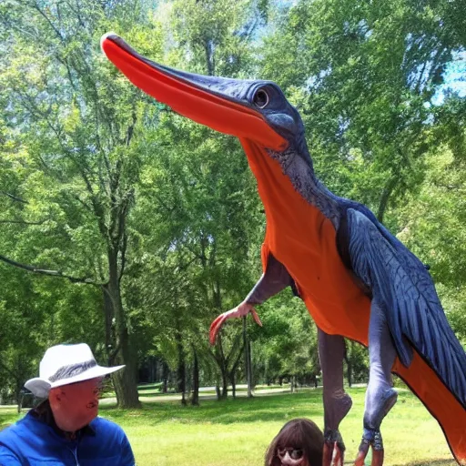 Prompt: pterodactyl hanging out with people in a park