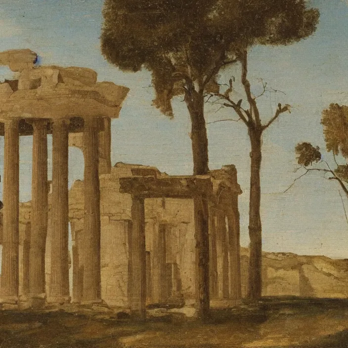 Prompt: a building in a serene landscape, ancient roman painting
