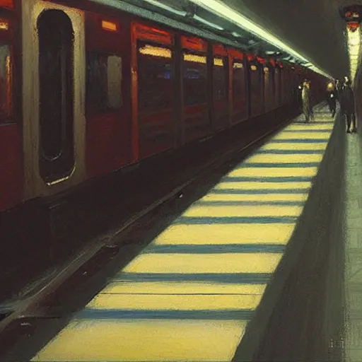 Prompt: new york subway, platform view, sharp focus, intricate, detailed, by edward hopper, greg rutkowski.