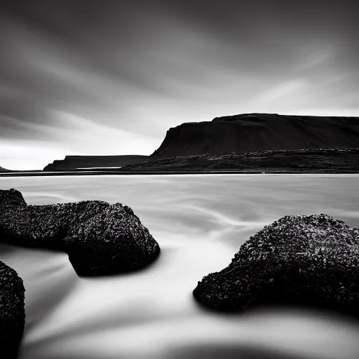 Image similar to minimalist black and white photograph of an icelandic valley, time exposure, of a river, sharp tall pillars, sharp rocks