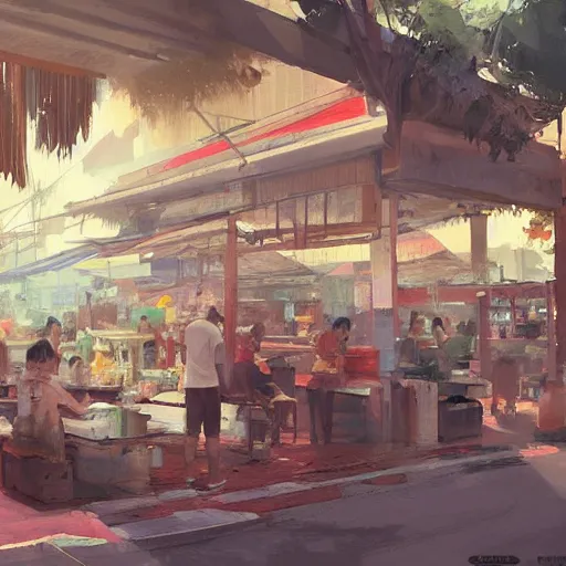 Image similar to concept art a singaporean neighborhood hawker centre, by greg rutkowski