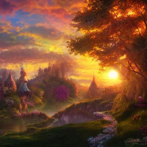 Prompt: realistic, fairytale land, sunset, detailed, trending on artstation