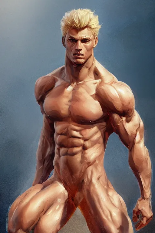 Image similar to Incredibly handsome muscular man with chiseled jawline, blonde hair, blue eyes by Nuri iyem, James gurney, James Jean, Greg Rutkowski, highly detailed, trending on artstation, artstationHD, artstationHQ, 4k, 8k