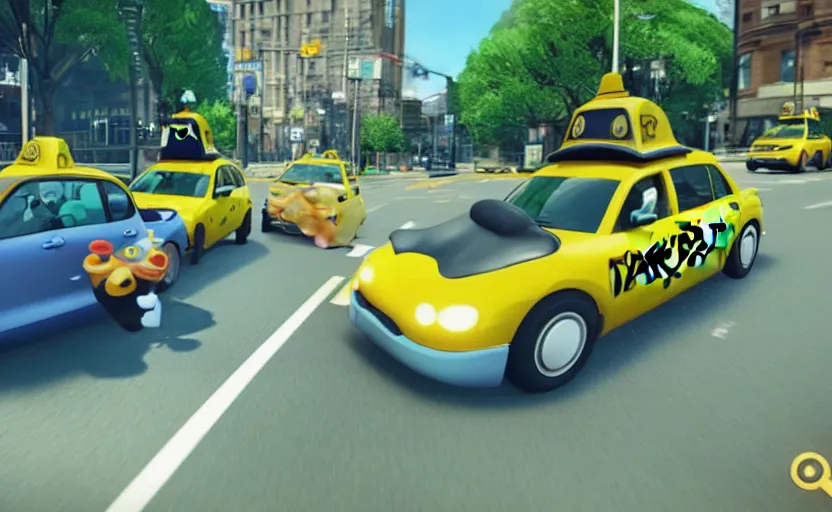 Image similar to ps 4 game about a cute frog driving a taxi, frog driving a taxi unreal 4 screenshot,